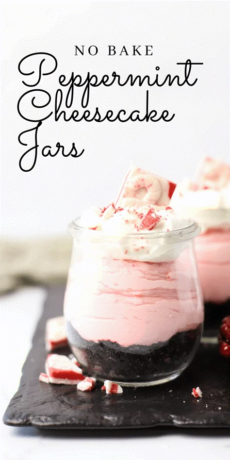 No Bake Peppermint Cheesecake Jars - Simply Made Recipes Cheesecake Pudding In A Mason Jar, Christmas Dessert Individual, Christmas Desserts In A Jar, Individual Desserts Christmas, Christmas Individual Desserts, No Bake Peppermint Cheesecake, No Bake Christmas Desserts, Individual Christmas Desserts, Dessert Individual