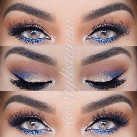 Pretty Makeup For Blue Eyes, Settle Blue Eye Makeup, Step By Step Blue Eye Makeup, Dusty Blue Wedding Makeup, Natural Blue Eye Makeup, Blue Bridal Makeup, Blue And Silver Makeup Looks, Royal Blue Makeup Looks, Light Blue Makeup Looks