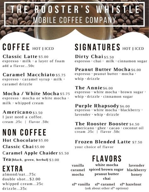 Mobile Coffee Menu Ideas, Coffee Food Truck Menu Ideas, Coffee Flights Diy, Coffee Trailer Menu Ideas, Coffee Shop Coffee Recipes, Coffee Truck Menu Ideas, Coffee Drink Names Creative, Coffee Trailer Interior Layout, Coffee Menu Ideas