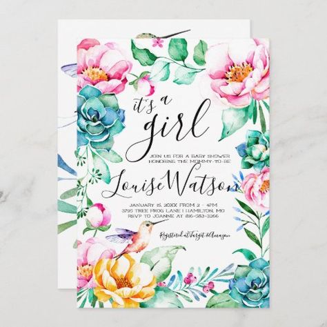 $2.92 | Hummingbird Floral Baby Shower Invitation - rustic, country, floral, babyshower, pink, peonies, arrangement, script, hummingbird, watercolor Fiesta Shower, Peony Arrangement, Rustic Baby Shower Invitations, Baby Favors, Baby Shower Invitation Cards, Themed Desserts, Woodland Baby Shower Invitations, Baby Shower Invitaciones, Floral Baby Shower Invitations