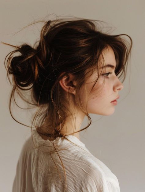 Fresh Messy Bun Styles for Medium Hair 2024 Messy Bun Photography, Shaggy Long Hair, Messy Braids, Messy Updo, Bun Styles, Messy Buns, Side Hairstyles, Medium Curly Hair Styles, Rope Braid