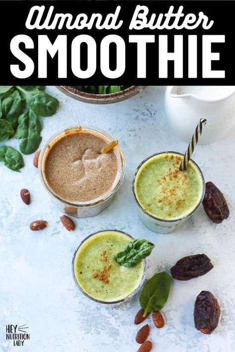 This creamy dreamy Almond Butter Date Smoothie is thick and luscious like a date shake, yet totally plant-based and packed with veggies. Naturally sweetened, nutty and delicious, this banana almond butter smoothie is just the thing when you want something sweet but healthy. Date Shake, Banana Almond Butter, Date Smoothie, Almond Butter Smoothie, Almond Smoothie, Blended Drinks, Tasty Vegetarian Recipes, What's For Breakfast, Snack Attack