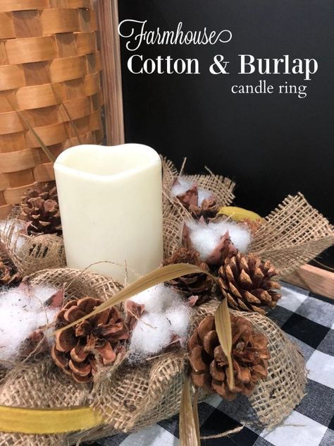 DIY - Farmhouse Burlap Cotton Candle Ring made from Dollar store items How To Make Floral Candle Rings, Candle Rings Diy, Dollar Store Finds, Beaded Bouquet, Cone Crafts, Candle Wreaths, Candle Ring, Diy Candle Holders, Burlap Crafts