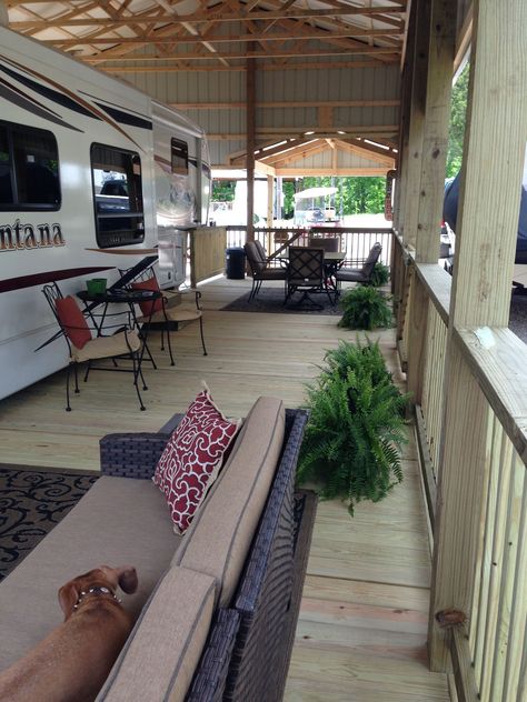 Rv Patio Ideas, Trailer Patio, Porch For Camper, Rv Deck, Rv Shelter, Trailer Deck, Rv Carports, Rv Patio, Rv Garage