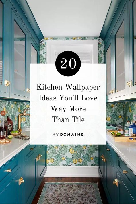 Kitchen tile might be the standard, but wallpaper can allow our personal styles to really shine. Ahead, we share 20 kitchen wallpaper ideas to add to your Pinterest board for your next kitchen refresh. Kitchen Backsplash Wallpaper Ideas, Backsplash Kitchen Wallpaper, Kitchen Wallpaper Grey Cabinets, Kitchen Cabinet Wallpaper Ideas, Kitchen Wallpaper Accent Wall Ideas, Kitchen Wall Wallpaper, Tile And Wallpaper, Wallpaper In Kitchen Backsplash, Wallpaper Over Tiles Kitchen