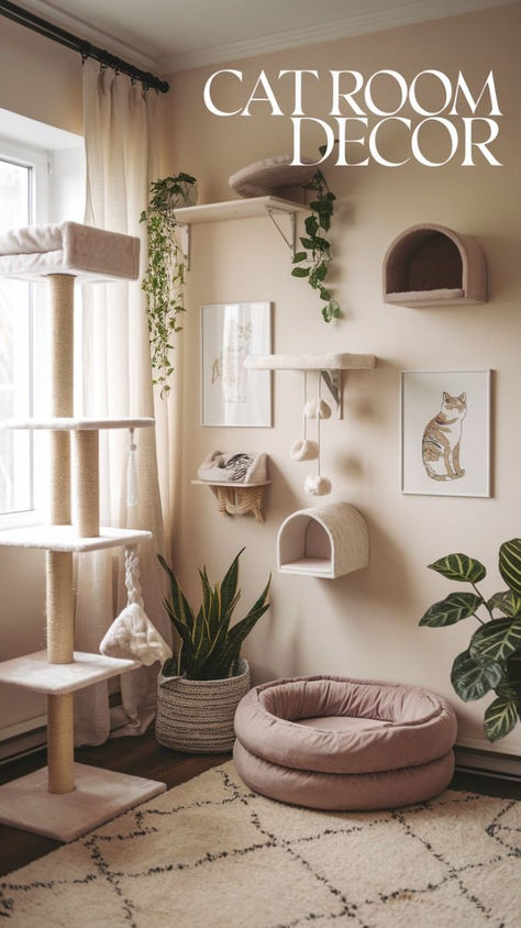 Home Decor With Pets, Cats And Apartments, Aesthetic Cat Play Area, Cat Climbing Wall Aesthetic, Cat Wall Shelves Living Room, Cozy Cat Corner, Cat Friendly Home Interior Design, Cat Room Setup, Cat Friendly Apartment Decorating Ideas