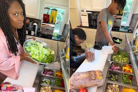 Mom Goes Viral for Stocking Restaurant-Style Salad Bar at Home for Her 9 Kids – Plus a Lower-Level Sandwich Station Home Salad Bar, Salad Bar At Home, Sandwich Station, Bar At Home, People Food, Snack Tray, Salad Bar, Turkey Breast, Food Trends