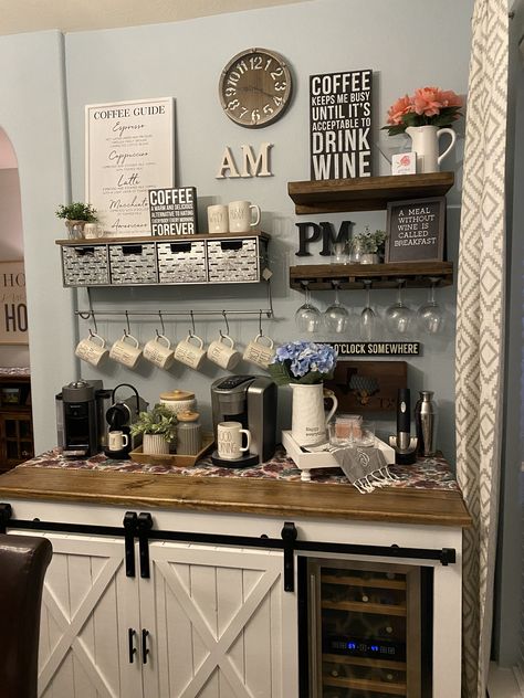 Coffee And Wine Kitchen Theme, Am Pm Bar, Am Pm Coffee Wine Bar, Coffee And Wine Station, Coffee And Alcohol Bar Ideas, Coffee And Wine Bar Ideas, Coffe And Wine Bar, Bars In Kitchen, Farmhouse Coffee Bar Ideas