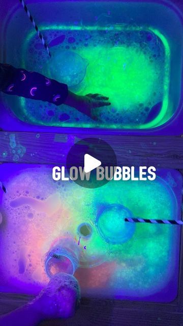 Maggie | Sensory Play at Home on Instagram: "Comment GLOW and I’ll send you the link to some of the resources we’re using here and the materials/simple directions if you’re interested 🤩.

Glow bubbles is a favorite October activity that we’ve done for several years now! Once it starts getting dark earlier again, it’s time for all the glow in the dark play ✨🙌🏼!! 

Super easy to set up! I suggest doing this in a large bin on the floor with towels/waterproof mat if you don’t have a sensory table! If you do have this sensory table, the trofast lid with the hole in the middle works great to catch all the overflow in the bin below to help keep bubbly water off the floor 😜." Glow In The Dark Activities, Glow In The Dark Sensory Bin, Glow In The Dark Learning Activities, Bioluminescence Activities For Kids, Light Table Sensory Play, Glow In The Dark Under The Sea, Glow In The Dark Aquarium, October Activities, Sensory Table