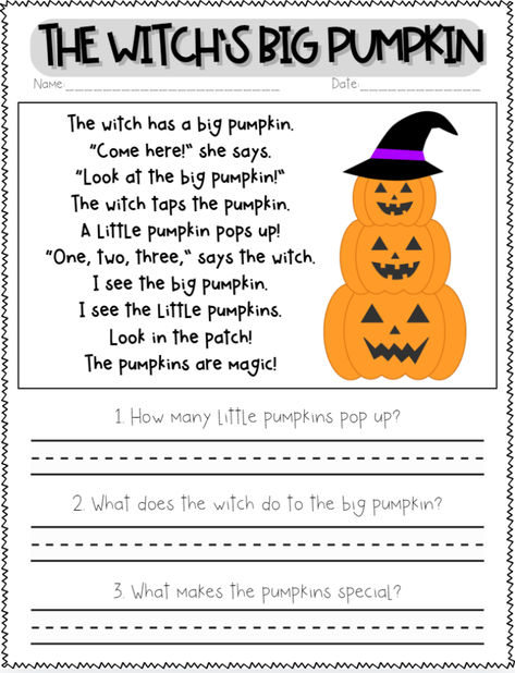 Perfect for Pre-K to 1st-grade students, this emergent reader resource combines fun, Halloween-themed stories with essential high-frequency word practice, comprehension questions, and interactive writing activities. Halloween Writing 1st Grade, Sight Word Books, Interactive Writing, Halloween Writing, Word Recognition, Word Practice, Emergent Readers, Comprehension Worksheets, High Frequency Words