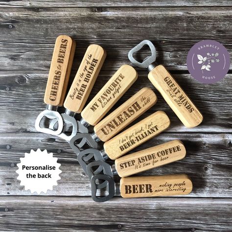 Wooden beer bottle opener | Custom engraved | Gift for Dad, him, men | Funny custom barware | Bar owner gift by BrambleyHouse on Etsy Bar Owner, Wooden Bottle Opener, Laser Ideas, Beer Bottle Opener, Bottle Openers, Personalised Gifts, Gift For Dad, Custom Engraving, Beer Bottle