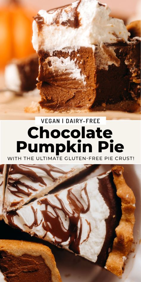 Chocolate Pumpkin Pie (vegan + gluten-free) Chocolate Tofu Pie, Gluten Free Vegan Thanksgiving Dessert, Easy Vegan Pie Recipes, Pumpkin Chocolate Pie, Gluten And Dairy Free Pie, Gluten Free Dairy Free Pie, Vegan Thanksgiving Pie, Paleo Chocolate Pie, Gluten Free Chocolate Pie