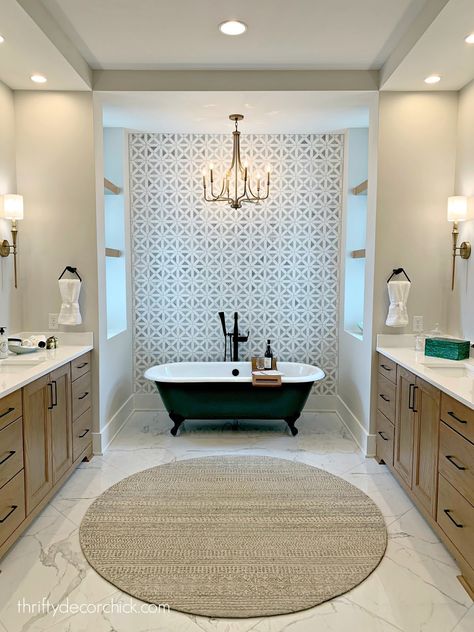 Luxury home tour (One of my favorites!) Black Bath Tub, Grey Grasscloth Wallpaper, Wall Behind Bed, Light Walls, Tile Accent Wall, Standing Tub, Wine Closet, Stand Alone Tub, Thrifty Decor Chick