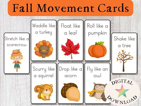 "8 Fall Movement Cards perfect for when you need Thanksgiving games ideas, Thanksgiving favors, to use as new Montessori materials, or for fun fall-themed toddler activities! These fall flash cards also make a great addition to your busy book! Perfect for pre-k, kindergarten, and 1st graders and busy parents or teachers who are looking for new indoor or outdoor activities and ways to increase mindfulness for kids!  Includes: ► 8 different fall themed cards ► FUN & EASY way to get your little one Fall Movement Activities For Toddlers, Fall Movement Cards Free, Fall Movement Cards, November Activities For Toddlers, Easy Thanksgiving Crafts For Toddlers, Thanksgiving Activities For Elementary, Thanksgiving Books For Kids, Preschool Thanksgiving Activities, Movement Cards