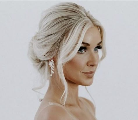 Low Updo Wedding Hair Blonde, Bridal Hair With Dress, Wedding Updo With Front Pieces, Bridesmaids Hair Low Bun, Bride Blonde Hairstyles, Wedding Simple Updo Brides, Wedding Hair Messy Low Bun, Loose Updo Bridesmaid, Low Messy Bun Wedding Hair With Veil