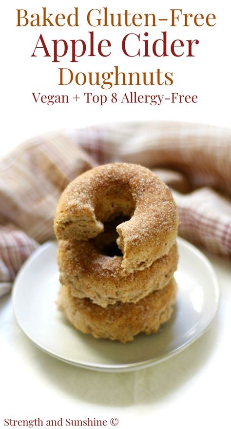 Baked Gluten-Free Apple Cider Doughnuts (Vegan, Allergy-Free) | Strength and Sunshine @RebeccaGF666 The best seasonal donuts, baked right at home! These easy Baked Gluten-Free Apple Cider Doughnuts are vegan, allergy-free, coated in cinnamon Cider Donuts Recipe, Apple Cider Donuts Recipe, Gluten Free Apple, Gluten Free Pastry, Gluten Free Donuts, Cake Vegan, Tofu Scramble, Apple Cider Donuts, Gluten Free Sweets