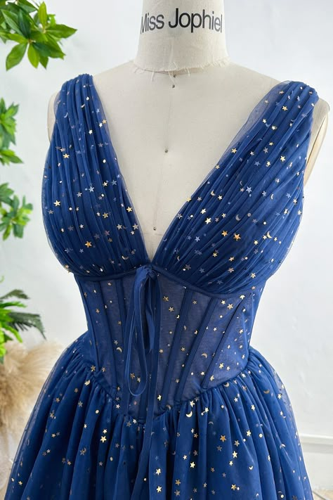 MissJophiel Straps V Neck Star Tulle Mini Dress with Lace Up Back Northern Lights Homecoming Dress, Galaxy Themed Prom Dress, Blue Star Dress Short, Celestial Wedding Guest Dress, Velaris Starfall Dress, Constellation Outfit, Starfall Dress, Blue Star Dress, Celestial Gown