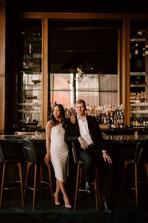 Engagment Photo Bar, Cocktail Party Couple Poses, Cocktail Party Pictures, Couples Hotel Photo Ideas, Engagement Pictures At Bar, Bar Themed Engagement Photos, Wine Bar Engagement Photos, Bar Photoshoot Ideas Couple, Hotel Bar Engagement Photos