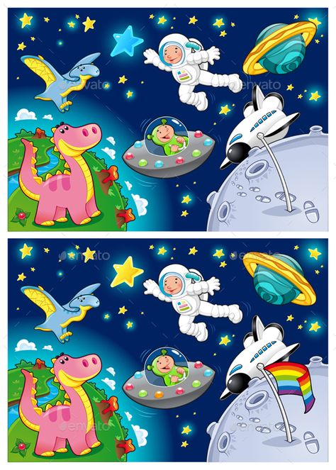 Spot The Difference Hard, Spot The Difference Kids, Spot The Difference Printable, Picture Story For Kids, Find The Difference Pictures, Find The Differences Games, Cute Powerpoint Templates, Find The Difference, Astronaut Cartoon