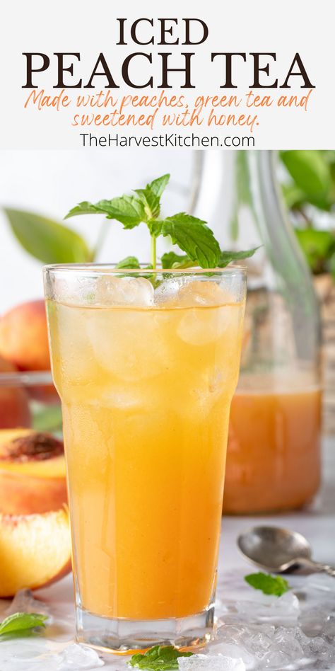 This Peach Green Tea recipe is made with peaches blended with green tea and sweetened with honey. If you love a fruity sweet tea, then you’ll love this peach iced tea. It’s light and refreshing and you’ll want to sip on all day long! It also makes  makes a festive drink to serve at birthday parties, baby showers and other special occasions. Peach Green Tea Recipe, Iced Peach Green Tea, Peach Tea Recipe, Drinks Lemonade, Lemonade Iced Tea, Peach Iced Tea, Peach Green Tea, Healthy Drink Recipes, Smoothies Breakfast