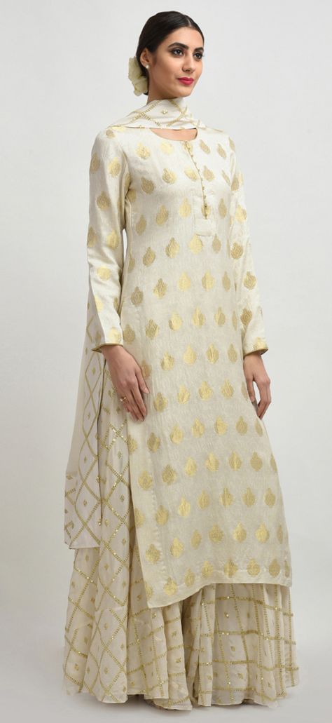 Ivory Banarasi Handwoven Zari And Sequin Embroidered Sharara Suit Embroidered Sharara, Sharara Designs, Banarasi Suit, Pakistani Suit, Indian Designer Suits, Sharara Suit, Salwar Kamiz, Dress Indian Style, Blouse Design Models