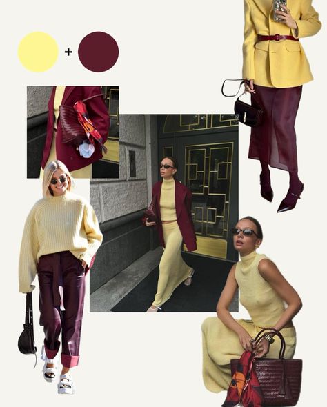 The best combinations to always look stylish😍 Autumn Color Combinations Outfits, Burgundy And Yellow Outfit, Mustard And Red Outfit, Autumnal Fashion, Yellow And Burgundy, Burgundy Outfit, Color Combinations For Clothes, Colour Combos, Yellow Outfit