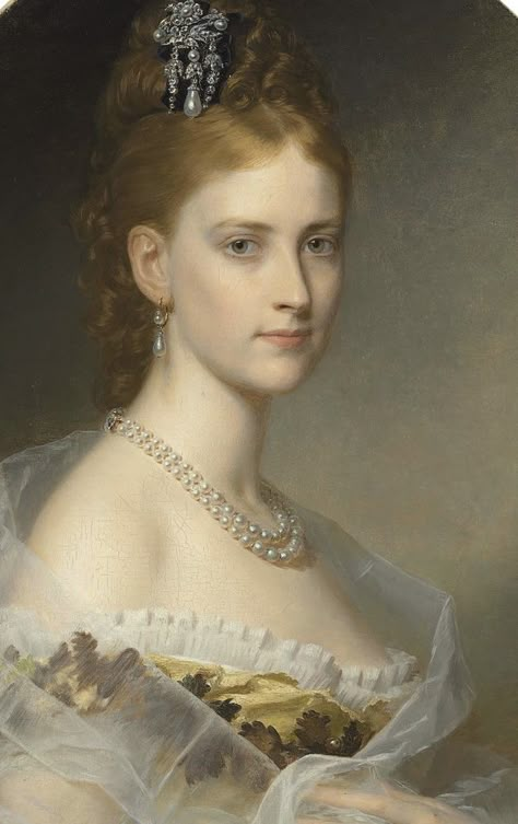 Portrait of the Hon. Edith Jocelyn, Viscountess Sudley, bust length, in a yellow dress and white wrap (1876). Heinrich M. Müller (German, 19th Century). Oil on canvas. Detail. 19th Century Paintings Women, Victorian Oil Painting Portraits, German Paintings 19th Century, 19th Century Portraits Woman, Classic Portraits Painting, Woman Portrait Painting 18th Century, Old Fashioned Portraits, 1890s Portrait Paintings, Midevil Portrait Painting