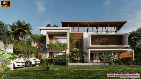 Tropical Kerala house in contemporary style Contemporary House Exterior Kerala, Bedroom Tropical, Kerala Home Design, Modern Brick House, Kerala Home, Modern Tropical House, Tropical House Design, Make A Website, Kerala House