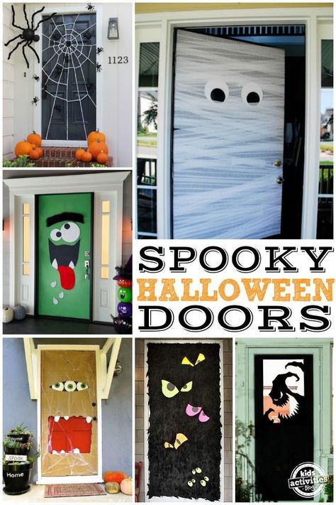 Halloween door decorating ideas!  These Halloween doors are simply the cutest! Halloween Doors, Diy Halloween Door Decorations, Halloween Diy Door, Diy Halloween Dekoration, Halloween Front Door Decorations, Dekorasi Halloween, Halloween Fest, Halloween Front Doors, Casa Halloween