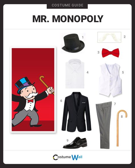 Get in costume as the iconic character known for his appearance in the popular Parker Brothers board game, Monopoly. Board Games Costumes, Mr Monopoly Costume, Costumes With Mustaches, Board Game Characters Costumes, Monopoly Man Costume, Boardgame Costume, Game Character Costumes, Board Game Costumes, Men With Mustaches