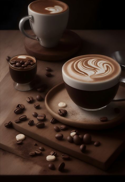 coffee-themed latte art, international coffee day concept, wooden board, dark background, hyper realistic, 8k, food photography, studio lighting, highly detailed, coffee art, caffeine creations, coffee lover's delight, coffee culture, gourmet beverage, espresso aesthetics, barista's craft, latte design, coffeehouse art, coffee shop culture, cafe ambiance, coffee artistry, latte foam, food and drink photography, beverage presentation, coffee creations, coffee celebration, latte love, cafe decor Latte Art Aesthetic, Art Coffee Shop, Culture Cafe, Food And Drink Photography, Coffee Creations, Cafe Coffee Day, Food Photography Studio, International Coffee Day, Love Cafe