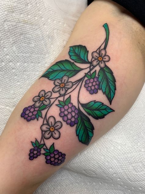 Traditional Style Fruit Tattoo, American Traditional Blackberry Tattoo, Traditional Style Vine Tattoo, Blackberry Tattoo Color, Blackberry Tattoo Traditional, Traditional Feminist Tattoo, American Traditional Fruit, Traditional Raspberry Tattoo, Girly American Traditional Tattoo Ideas Black And White