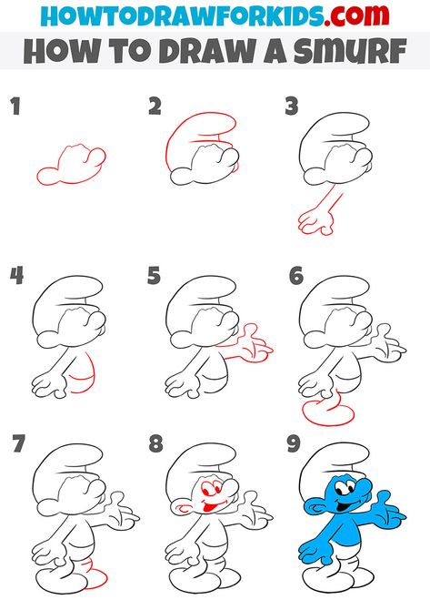 how to draw a smurf step by step How To Draw A Smurf Step By Step, How To Draw Smurfs Step By Step, Cute Cartoon Drawings Easy Step By Step, Easy Drawings Tutorial Step By Step, How To Draw Cartoons Step By Step, Smurf Sketch, Smurf Drawing Easy, Step By Step Drawing Disney, Easy Disney Drawings Step By Step