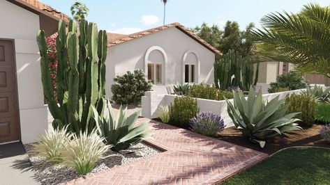 Desert Side Yard Landscaping, Spanish Modern Landscaping, California Front Yard Landscaping Ideas Spanish Style, Spanish Style Front Yard, Corner Backyard Landscaping, Arizona Landscaping Ideas Front Yard, Desert Front Yard Landscaping, Front Yard Desert Landscaping Ideas, High Desert Landscaping Ideas