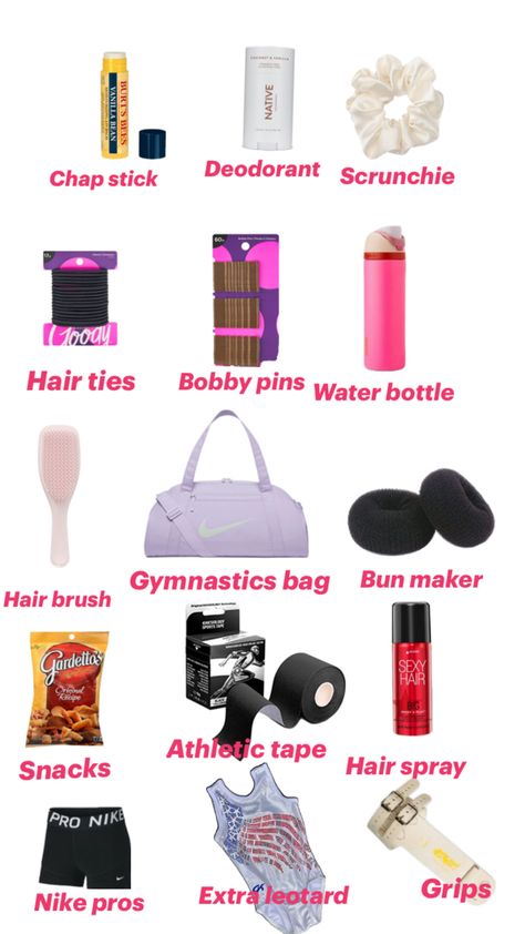 What To Pack In Your Gymnastics Bag, Gymnastics Bag Essentials, Gymnastics Essentials, Cheerleading Essentials, Sports Bag Essentials, Gymnastics Gear, Gymnastics Camp, Beginner Ballet, Gymnastics Stuff