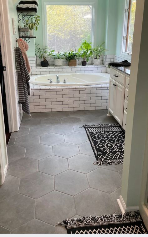 Large Hexagon Tile Bathroom, Large Hexagon Tile Floor, Master Restroom, Gray Tile Bathroom, Large Hexagon Tile, Hexagon Tile Bathroom Floor, Hexagon Tile Bathroom, Cleaning Ceramic Tiles, Hexagon Tile Floor