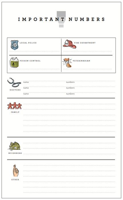 Illustrated Important Numbers Printable Emergency Numbers Printable, Emergency Preparedness Kit List, Babysitter Checklist, Cub Scouts Bear, Family Meetings, Hospital Checklist, Diy Toddler Bed, Emergency Numbers, Spring Crafts Preschool