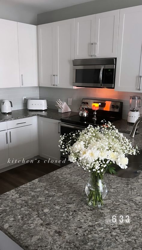 Kitchen inspiration, kitchen decor, baby breath bouquet, kitchen cabinets, white kitchen, apartment kitchen inspiration, apartment inspo, kitchen inspo, first apartment, new apartment inspiration, clean kitchen, white decor, white kitchen inspiration, white home inspo White Apartment Kitchen Ideas, Black Gray And Silver Kitchen, Grey Aesthetic Kitchen, Apartment Kitchen Simple, Small Clean Apartment, Small Kitchen Decor Apartment Simple, Grey And White Apartment Aesthetic, Black And White Apartment Aesthetic Kitchen, Grey Kitchen Counter Decor