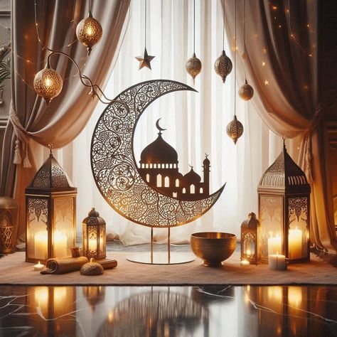 This AI-generated image beautifully captures a serene and inviting corner of a home adorned with Ramadan decorations. The elegant sheer curtains drape over a window, setting the scene with a soft, diffused light. A tall, ornate metal stand holds an intricately designed crescent moon, lanterns, and a bowl, all adding to the warm and festive ambiance. The polished marble floor reflects the glow, creating a cozy and welcoming atmosphere perfect for celebrating this special time of year. Ramadan Corner Decoration, Dp For Ramadan, Ramadan Corner, Ramadan Decorations Lights, Ramadan Backdrop, Beautiful Dp, Ramadan Party, Eid Decor, Ramadan Kareem Decoration