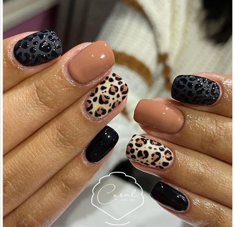 Black And Brown Leopard Nails, Autumn Leopard Nails, Autumn Leopard Print Nails, Leaped Print Nails, Cheetah Print Nails Square, Charcoal Nail Designs, Cheetah Print Fall Nails, Leopard Pumpkin Nails, Fall Cheetah Print Nails