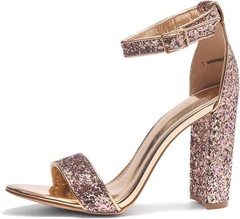 Amazon.com | Herstyle Rosemmina Womens Open Toe Ankle Strap Chunky Block High Heel Dress Party Pump Sandals Rose Gold Glitter 8.0 | Heeled Sandals Rose Gold Heels, Party Pumps, High Heel Dress, Chic Heels, Ankle Strap High Heels, Strappy High Heels, Wedding Sandals, Chunky Block Heels, Gold Sandals