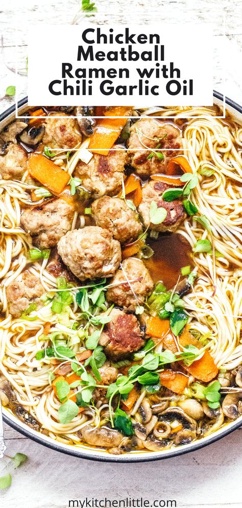 Meatball Ramen Noodle Recipes, Chicken Meatball Noodle Soup, Ramen Meatballs, Meatball Ramen, Ramen Noodle Recipe, Meatballs Healthy, Chicken Meatballs Healthy, Meatballs Dinner, Chicken Meatball Soup