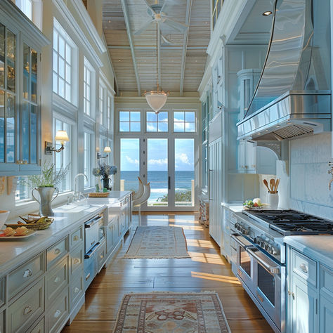 South Carolina Coastal Kitchen style Big Coastal House, Big Beach House Kitchen, South Carolina Beach House, Carolina Beach House, Costal House Aesthic, Beach House South Carolina, Beach House In South Carolina, Coastal House Interior, Ocean Front Homes Coastal