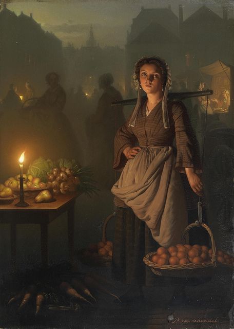 Market by Candlelight by Petrus van Schendel  (1806–1870) was a Dutch Romantic painter, etcher and draughtsman. Petrus Van Schendel, Istoria Artei, Street Painting, Art Ancien, Dutch Painters, Woman Sitting, A4 Poster, Classical Art, Chiaroscuro