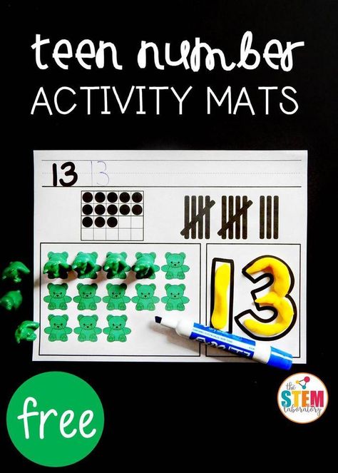 Free teen number activity mats! Fun, hands-on preschool or kindergarten math center. Kinder Math Centers, Preschool Valentine, Number Activity, Math Centers Kindergarten, Prek Math, Teen Numbers, Math Number Sense, Number Activities, Kindergarten Math Activities