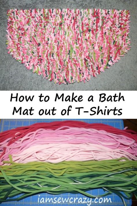 "This fun, high-pile bath mat is made from upcycled t-shirts! It's machine-washable, and you can customize the size and colors to suit your style and bathroom decor... make it bright and fun, or more muted and classic. Because t-shirts are so easy to find, it makes a very inexpensive project. In fact, you probably already have the materials on hand! I also share a cool trick that I use to keep the mat from sliding around on my floor. Check out the easy-to-follow tutorial and make your own!& Diy Bath Mat, Diy Bath Mats, Gamle T Shirts, Rag Rug Diy, Homemade Rugs, Rag Rug Tutorial, Braided Rug Diy, Braided Rag Rugs, Rug Tutorial