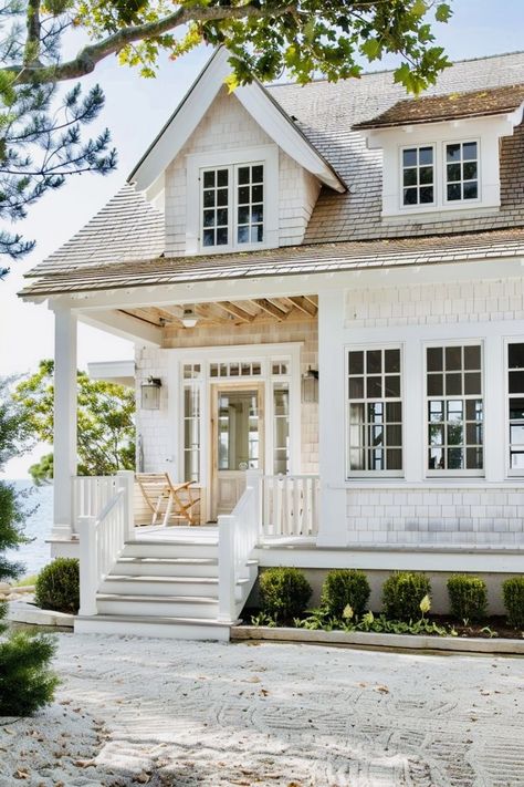 Beach Porches Coastal Cottage, Small Beach Home Exterior, Seaside Cottage Aesthetic, Coastal Cottage Plans, Coastal Homes Exteriors, Lowcountry Cottage, Coastal Cottage Exterior, Cedar Cottage, Modern Beach Cottage