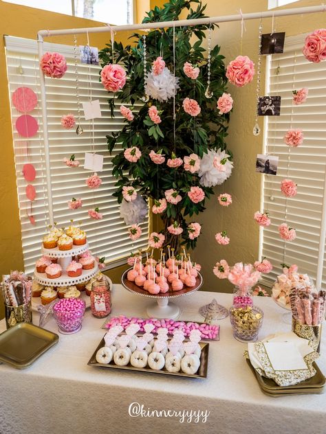 pink gold floral bridal shower dessert table carnation backdrop Pink Dessert Tables Wedding, Desert Table Backdrops, Pink Floral Dessert Table, Floral Dessert Table Ideas, Baby In Bloom Shower Dessert Table, Carnation Backdrop, Dessert Table Backdrop Ideas, Treat Table Set Up, Baby In Bloom Dessert Table