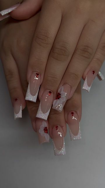 Quinceanera Nails, Acrylic Nails Nude, Red Acrylic Nails, Swarovski Nails, White Acrylic Nails, French Acrylic Nails, Short Square Acrylic Nails, Acrylic Nails Coffin Pink, Unique Acrylic Nails