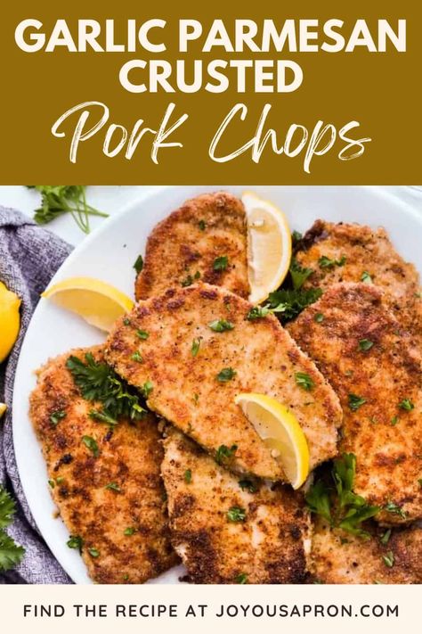 Garlic Parmesan Pork Chops, Joyous Apron, Cheese Pork Chops, Crusted Pork Chops, Parmesan Crusted Pork Chops, Parmesan Pork Chops, Pork Meals, Breaded Pork Chops, Easy Pork Chops